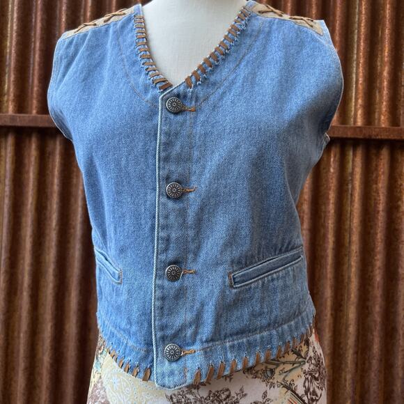 Sap Man Denim Vest Womens Size Medium Leather Trim Lace Detail Southwest Cowgirl - Picture 5 of 13